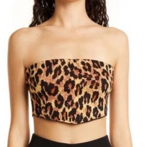 STAUD Leopard Print Knit Tube Top Pointed Hem Brown Tan Black Size L NWT